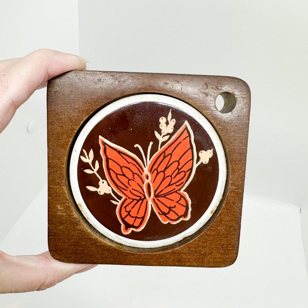Vintage 70s Saltera Coaster Pen Holder Wood Ceramic Butterfly Trivet Wall Retro